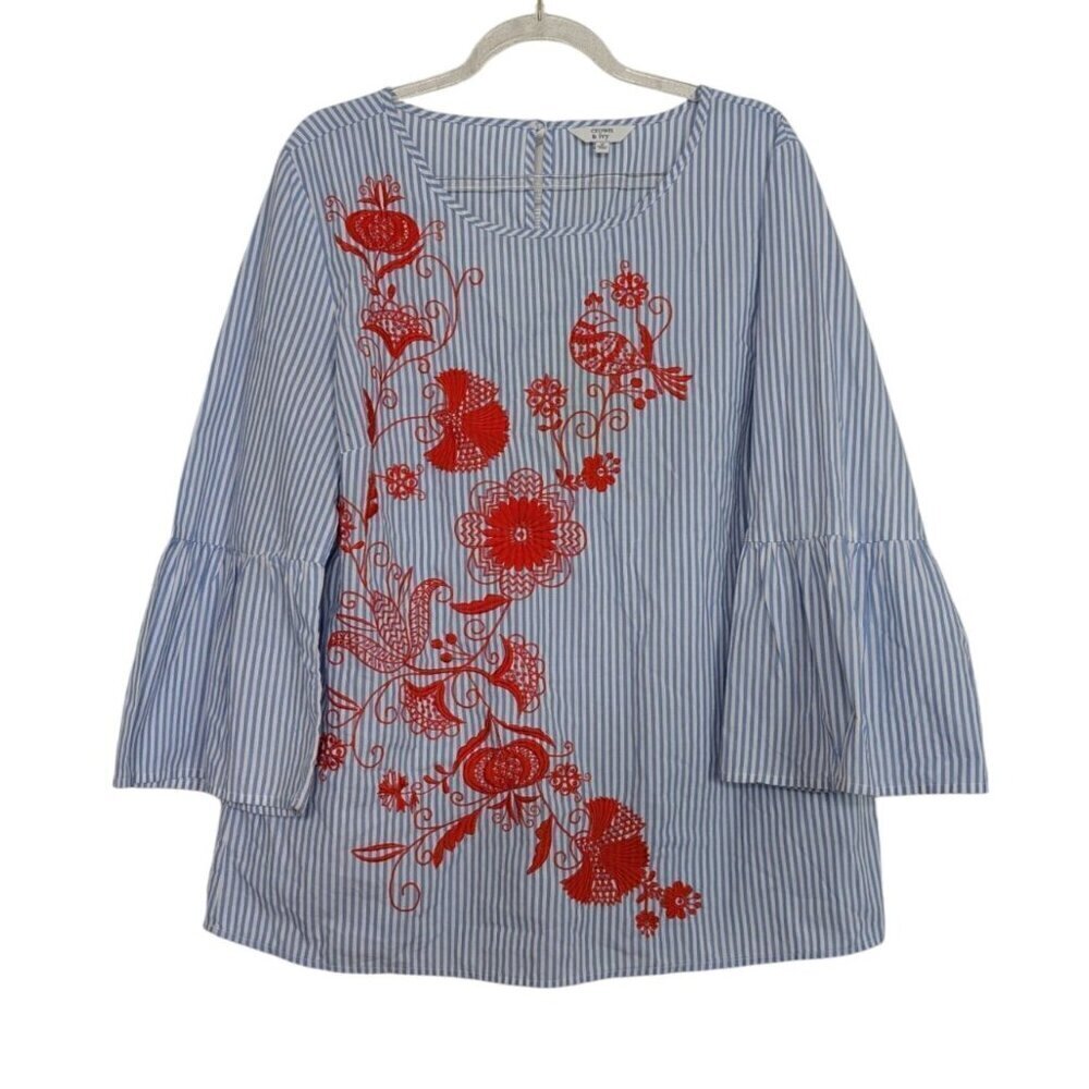 Crown & Ivy Embroidered Blouse Womens Size Medium Blue Stripe Floral Bird Boho